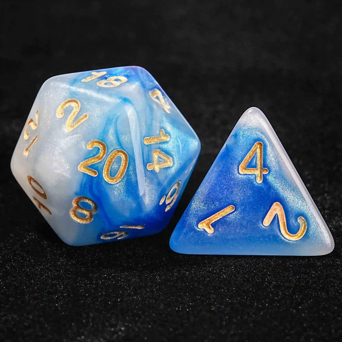 Swirls Acrylic DND Dice Set – Gold Numbers – Blue and white swirl acrylic DND dice set + gold font