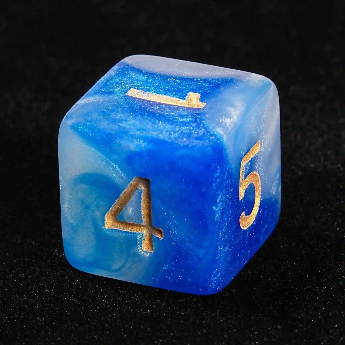 Swirls Acrylic DND Dice Set – Gold Numbers – Blue and white swirl acrylic DND dice set + gold font