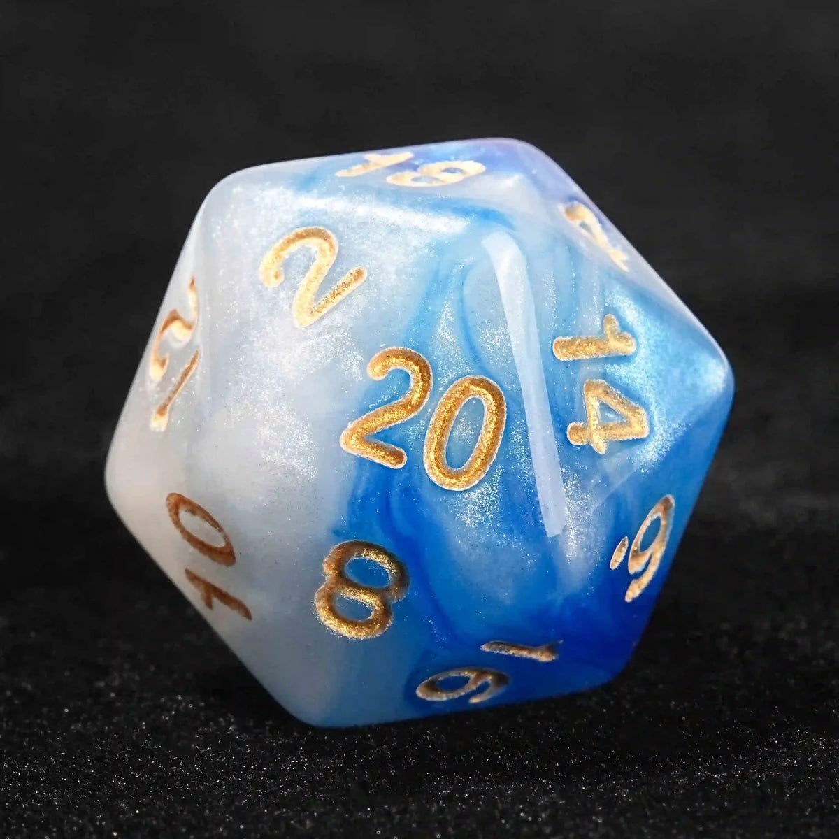 Swirls Acrylic DND Dice Set – Gold Numbers – Blue and white swirl acrylic DND dice set + gold font