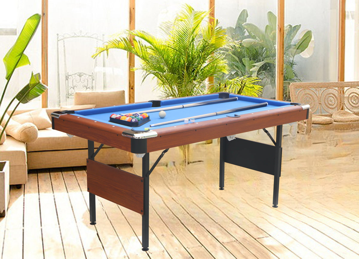 Tabletop Gaming Table – Wooden – Foldable Pool – 63-inch Foldable Wooden Pool Table in living room with blue felt