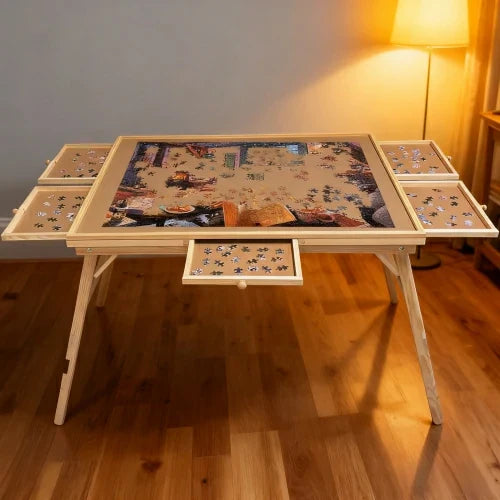 Tabletop Gaming Table – Wooden – Puzzle Sandbox – 27-Inch Wooden Foldable Puzzle Table with 5 Built-in Storage Drawers