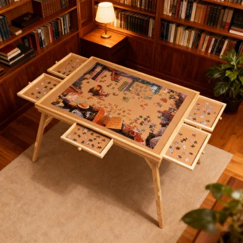 Tabletop Gaming Table – Wooden – Puzzle Sandbox – Wooden Foldable Puzzle Table with 5 Built-in Storage Drawers