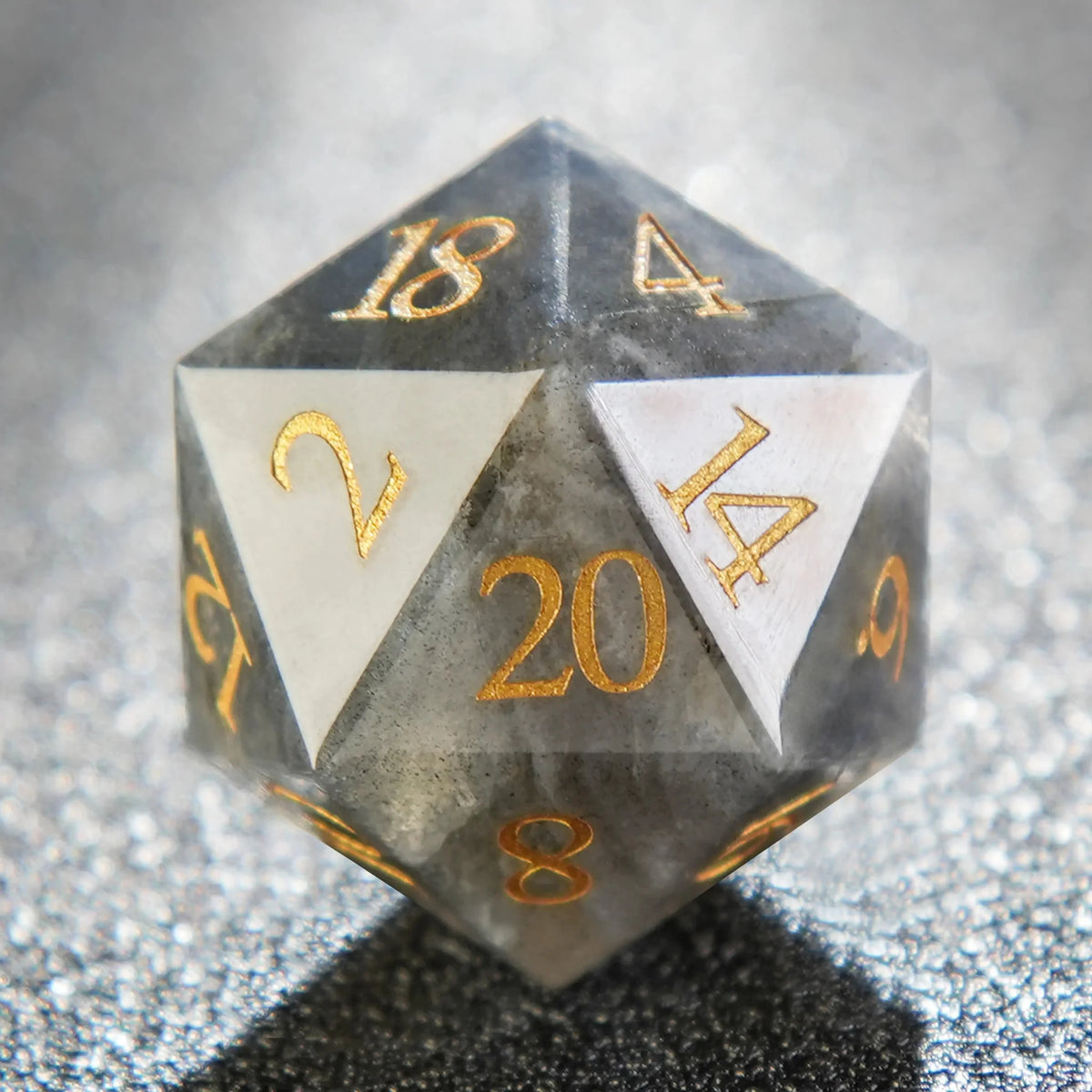Tiger Digital Natural Stone D&D Dice Set – Gold Numbers – Natural Gray Marble D&D Gemstone D20 Dice with Gold Font