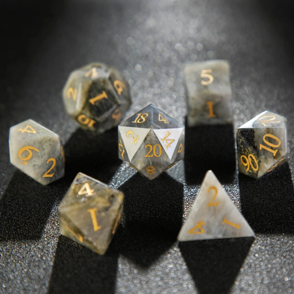 Tiger Digital Natural Stone D&D Dice Set – Gold Numbers – Natural Gray Marble D&D Gemstone Dice Set with Gold Font