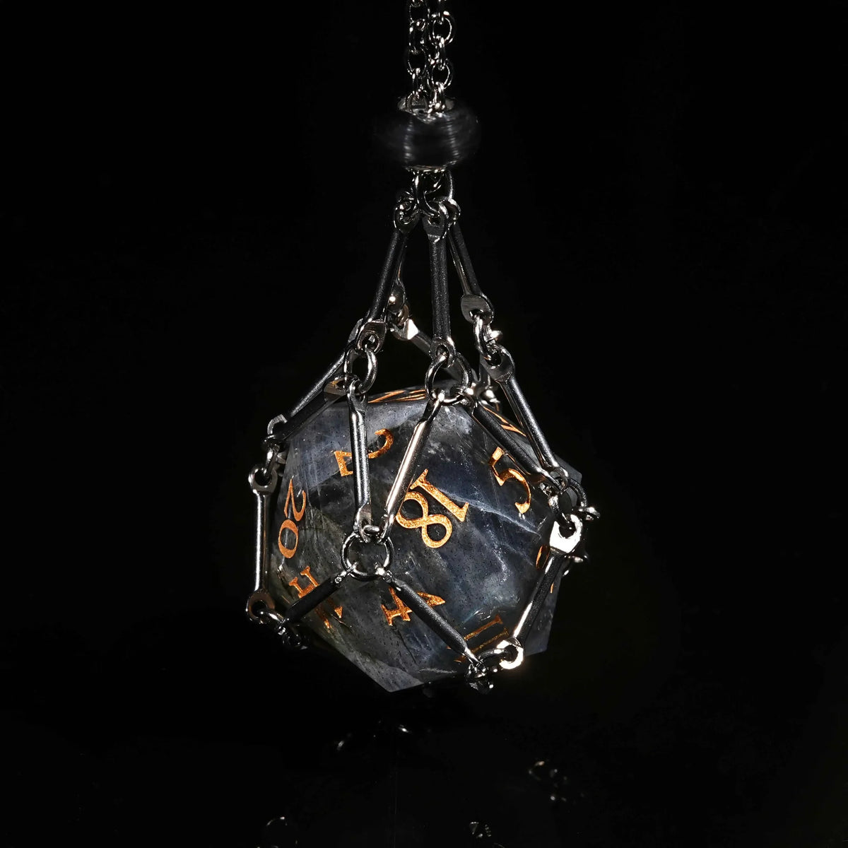 Tiger Digital Natural Stone D&D Dice Set – Gold Numbers – A silver dice necklace contains a natural grey marble D&D