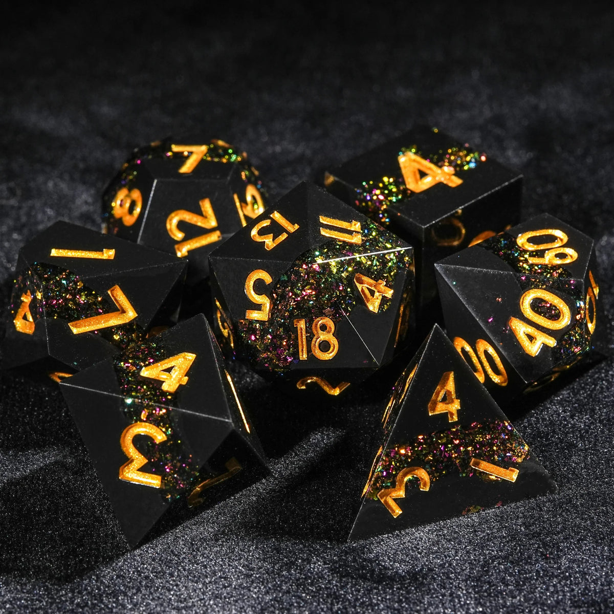 Tri Color Resin DND Dice Set – Tri - Color Gold Vein - Black resin dnd dice set + gold lettering