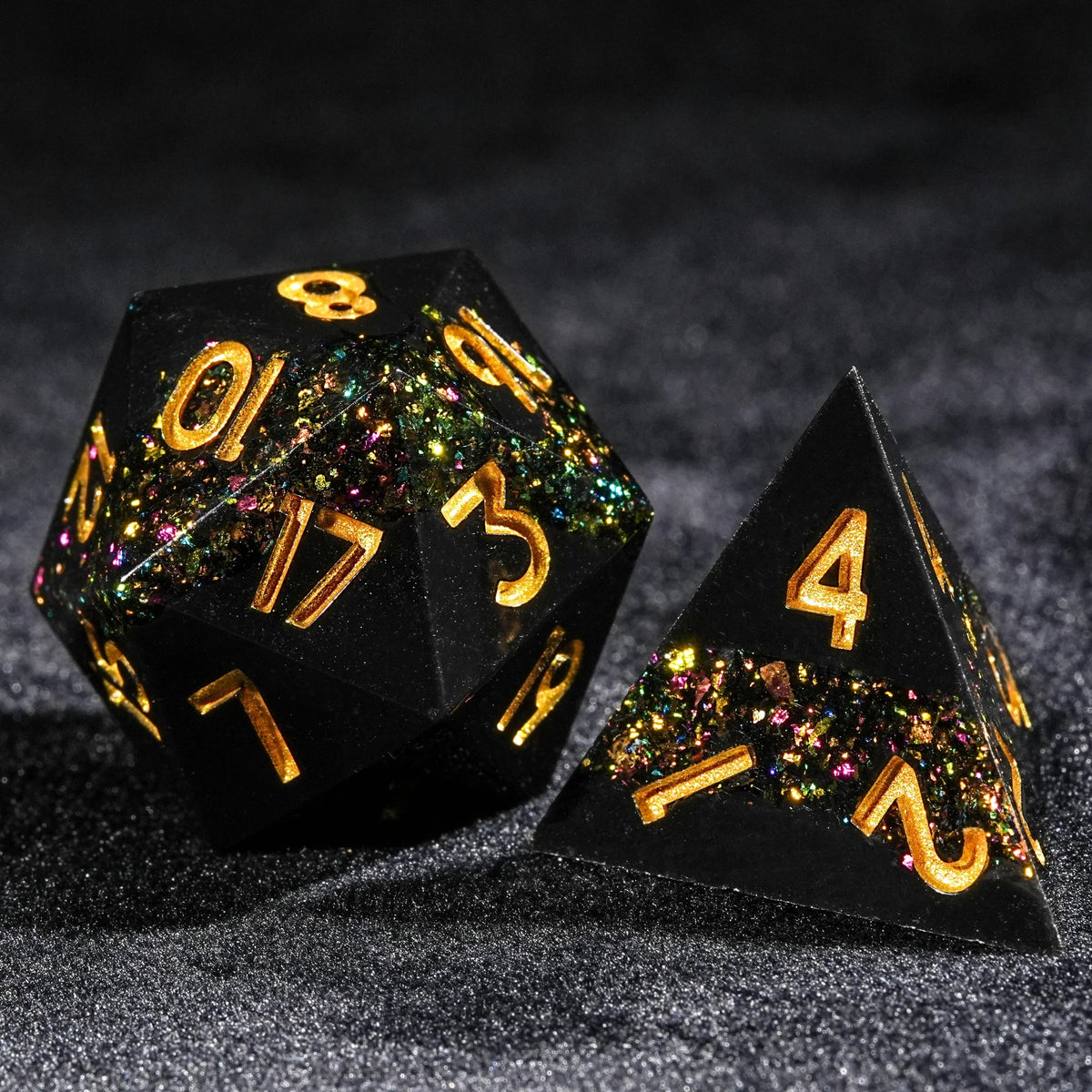 Tri Color Resin DND Dice Set – Tri - Color Gold Vein - Black resin dnd dice set + gold lettering