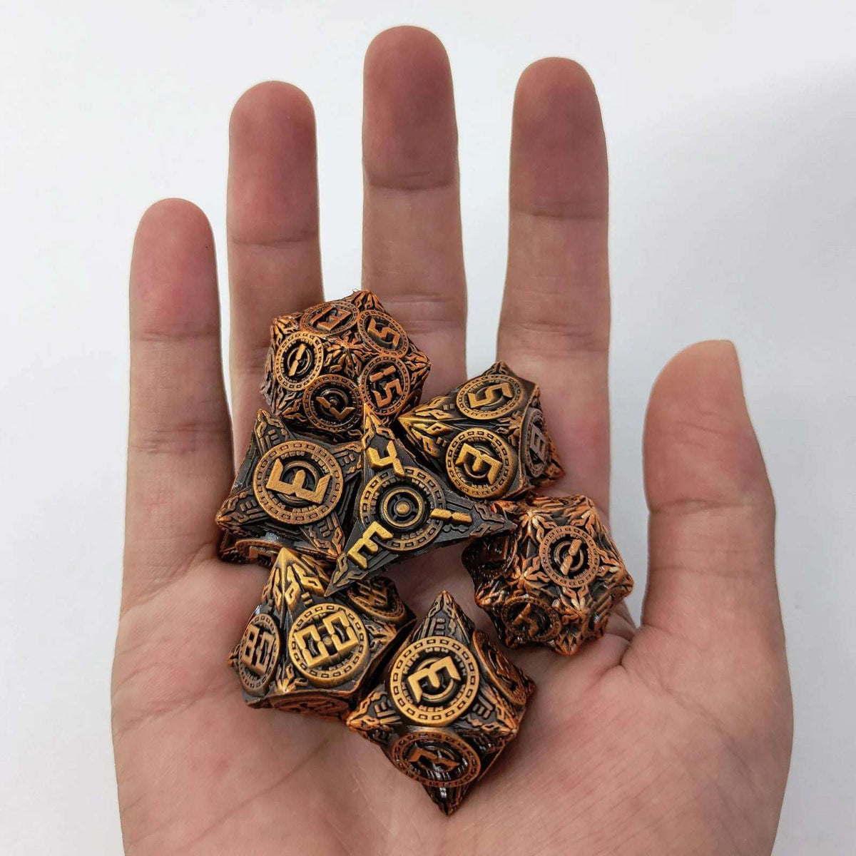 Ufo Element Metal DND Dice Set – 7 antique gold polyhedron metal UFO dice (D4, D6, D8, D10, D%, D12, D20)