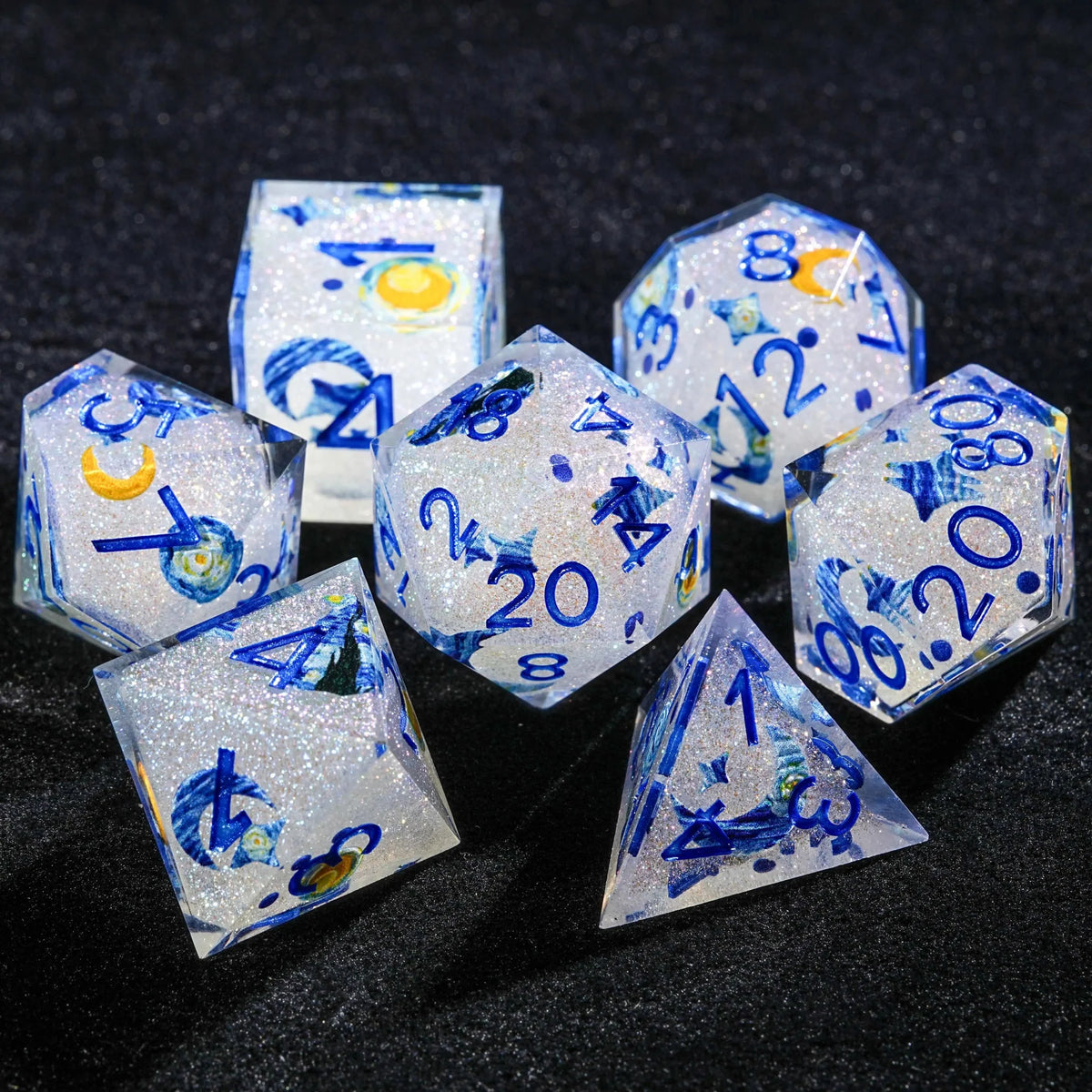 Van Gogh Resin DND Dice Set – Blue Resin Solid Van Gogh DND Dice Set + Blue Numbers