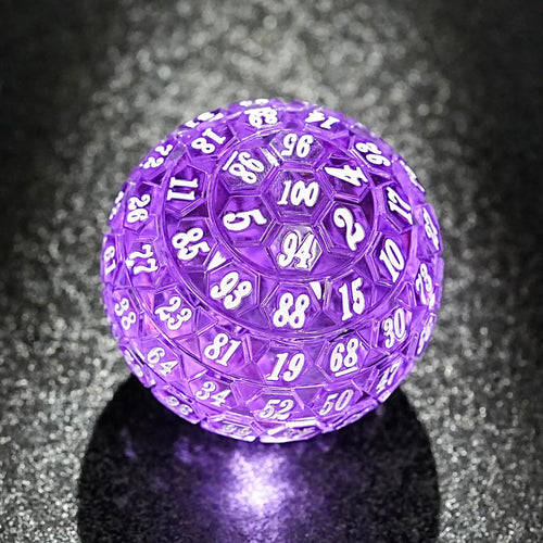 Vibrant Acrylic D100 Dice – Translucent bright purple acrylic D100 dice with white numbers, perfect for Call of