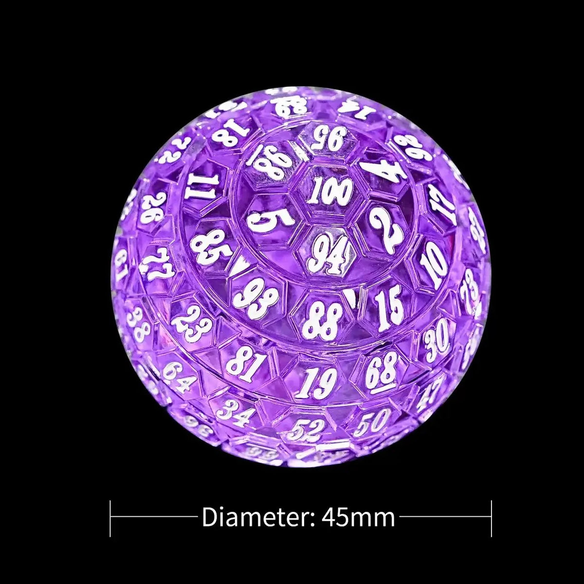 Vibrant Acrylic D100 Dice – Transparent purple acrylic DND D100 dice with white numbers