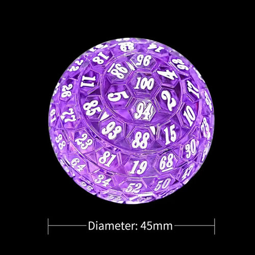 Vibrant Acrylic D100 Dice – Transparent purple acrylic DND D100 dice with white numbers