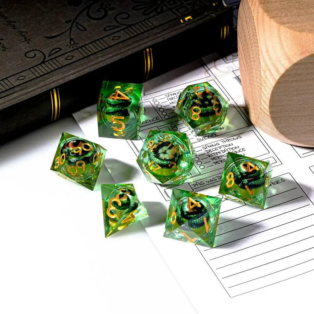 Vicious Crocodile Liquid Core Dice Set – Fierce Crocodile Eyes Liquid Core Resin DND Dice Set + Gold Lettering