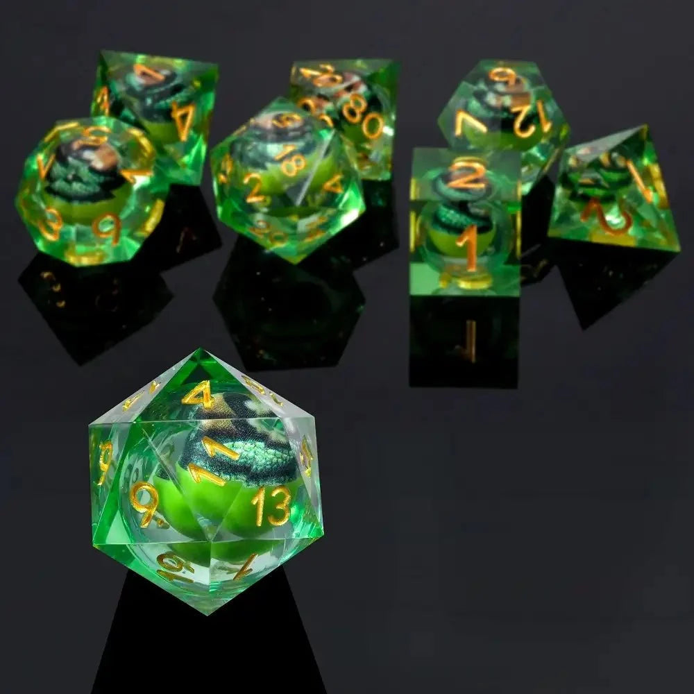 Vicious Crocodile Liquid Core Dice Set – Fierce Crocodile Eyes Liquid Core Resin DND Dice Set + Gold Lettering