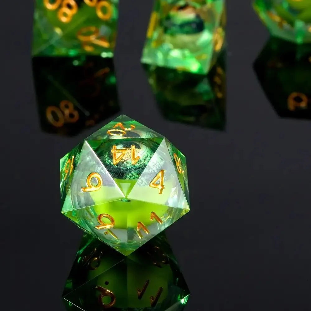 Vicious Crocodile Liquid Core Dice Set – Fierce Crocodile Eyes Liquid Core Resin DND Dice Set + Gold Lettering
