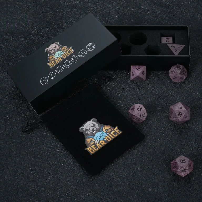 Violet Acrylic DND Dice Set – Violet Wood Dice Set, includes a black velvet drawstring dice bag and a black dice box