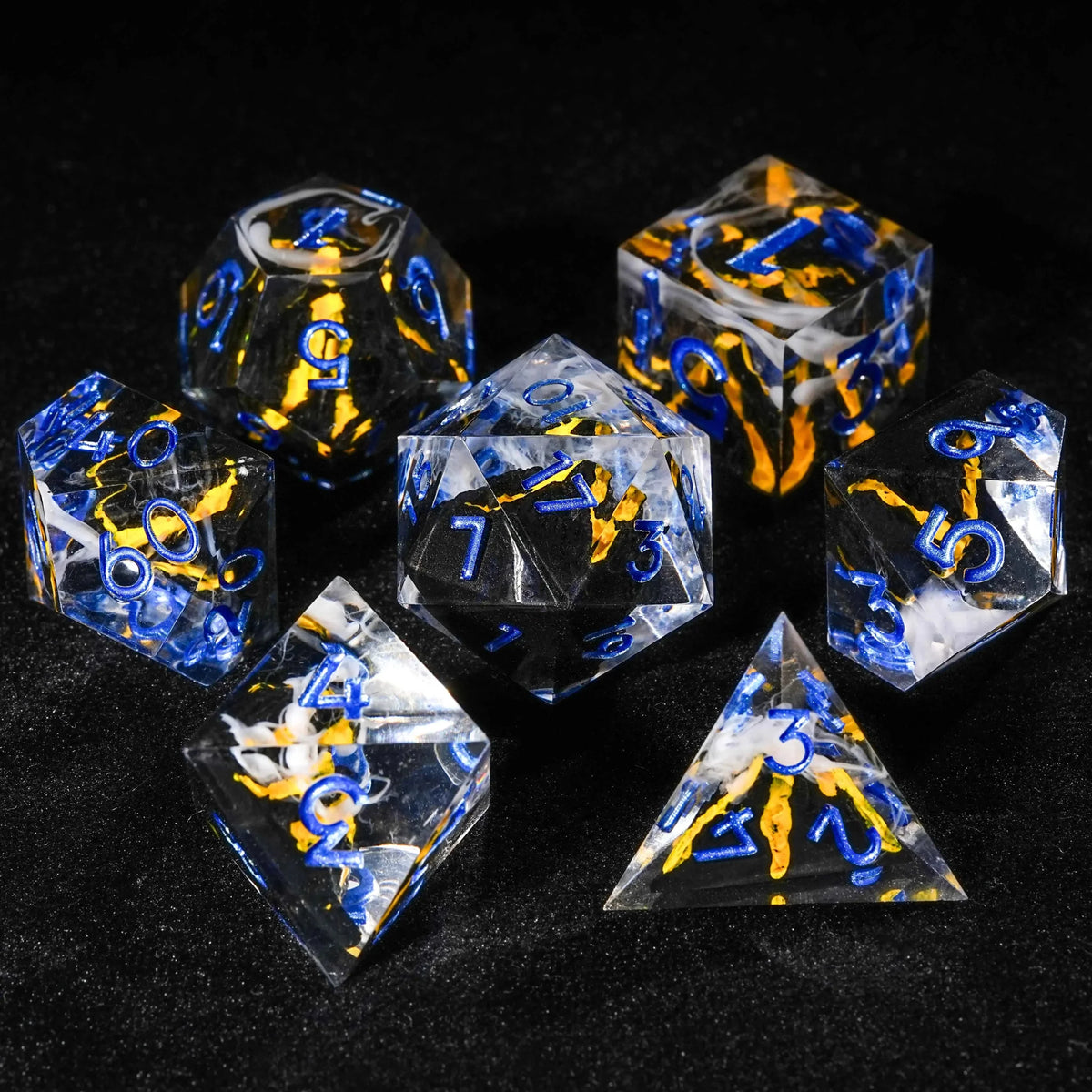 Volcanic Resin DND Dice Set – Creative Unique - Yellow Lava Resin DND Dice Set + Blue Numbers