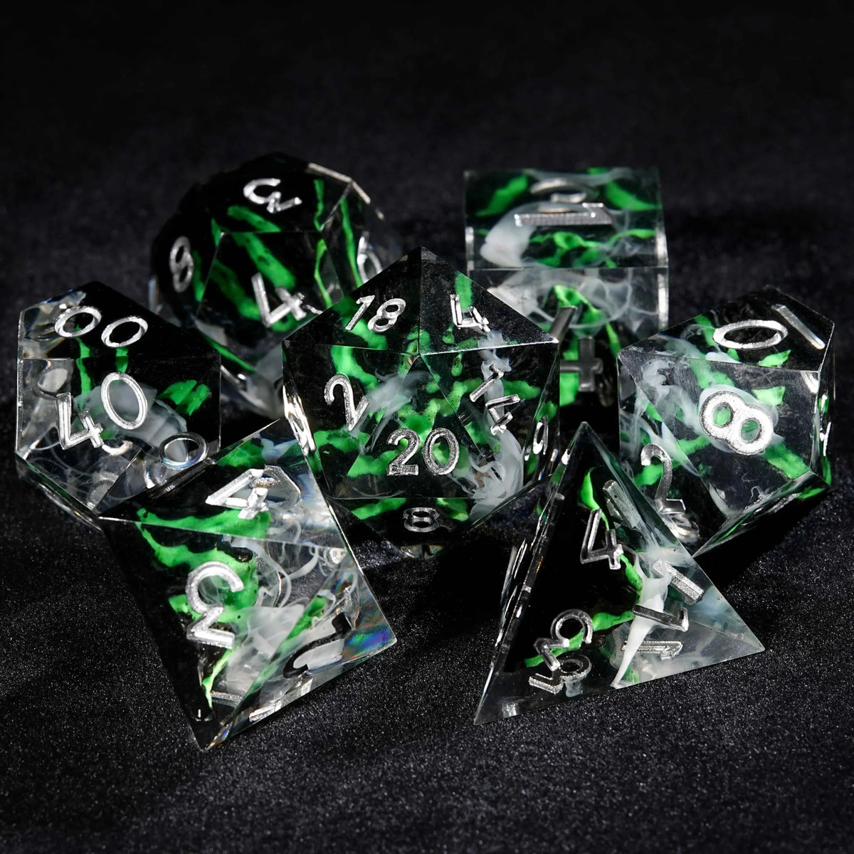 Volcano Landscape Resin DND Dice Set – Volcanic Landscape - Green Lava Resin dnd Dice Set + Silver Numbers