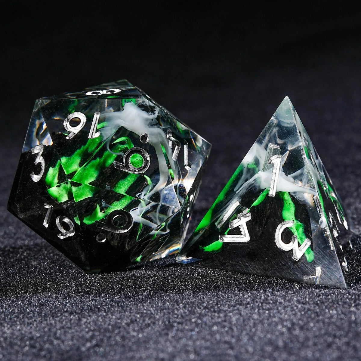 Volcano Landscape Resin DND Dice Set – Volcanic Landscape - Green Lava Resin dnd Dice Set + Silver Numbers