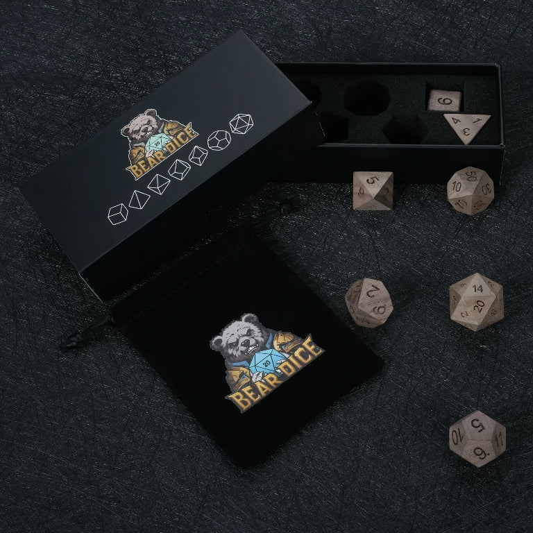 Walnut Acrylic DND Dice Set – Black Walnut Dice Set, includes a black velvet drawstring dice bag and a black dice box