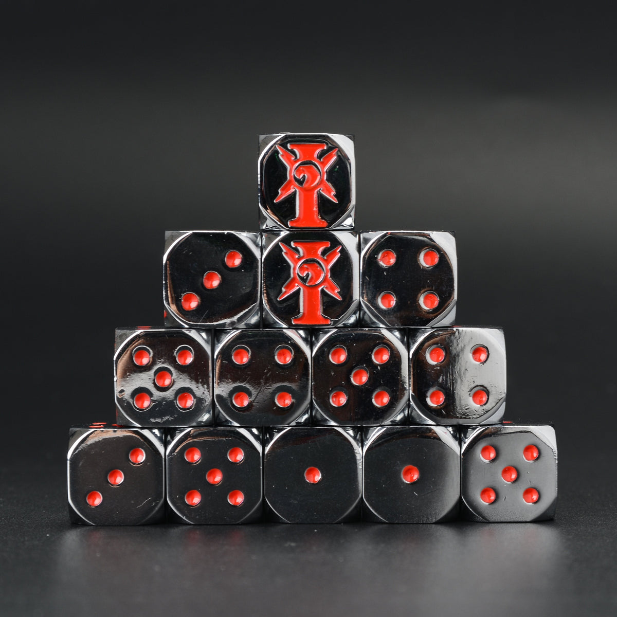 Metal D6 Dice – Chaos Star – Warhammer 40K Imperial Chaos Star Metal D6 Dice Set of 10 — Full Black Chrome Pyramid