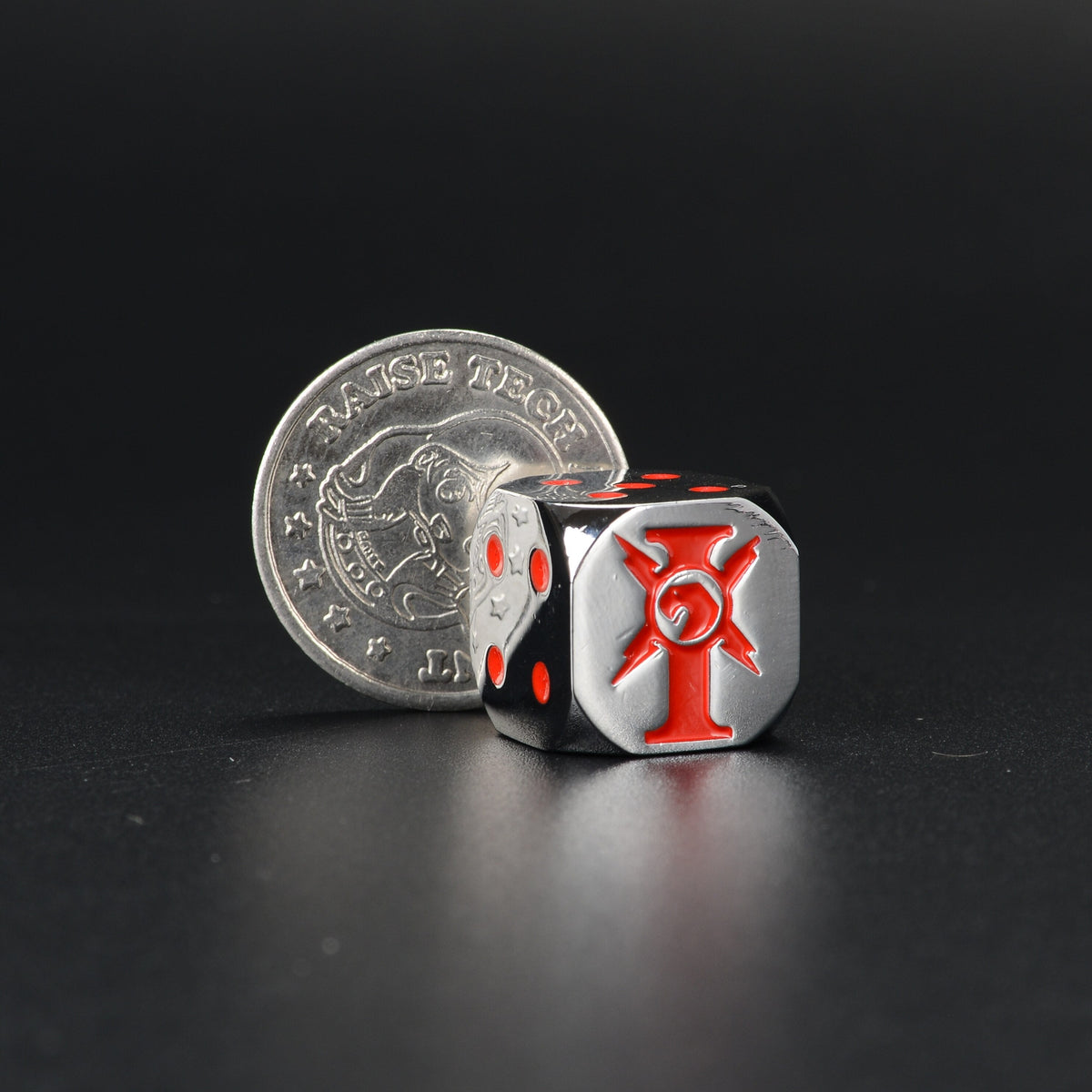 Metal D6 Dice – Chaos Star – Warhammer 40K Imperial Chaos Star Metal D6 Dice — Size Comparison with Coin Showing 16mm