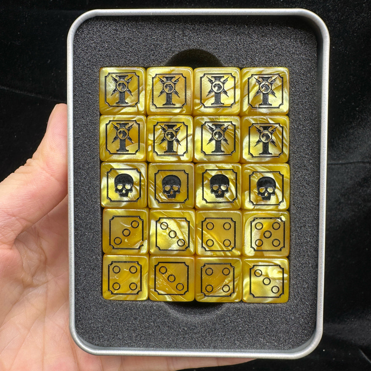 Acrylic D6 Dice – Swirl Pearlescent – Warhammer 40K Imperial Guard Yellow Acrylic D6 Dice Set of 20 — Hand-Held Metal
