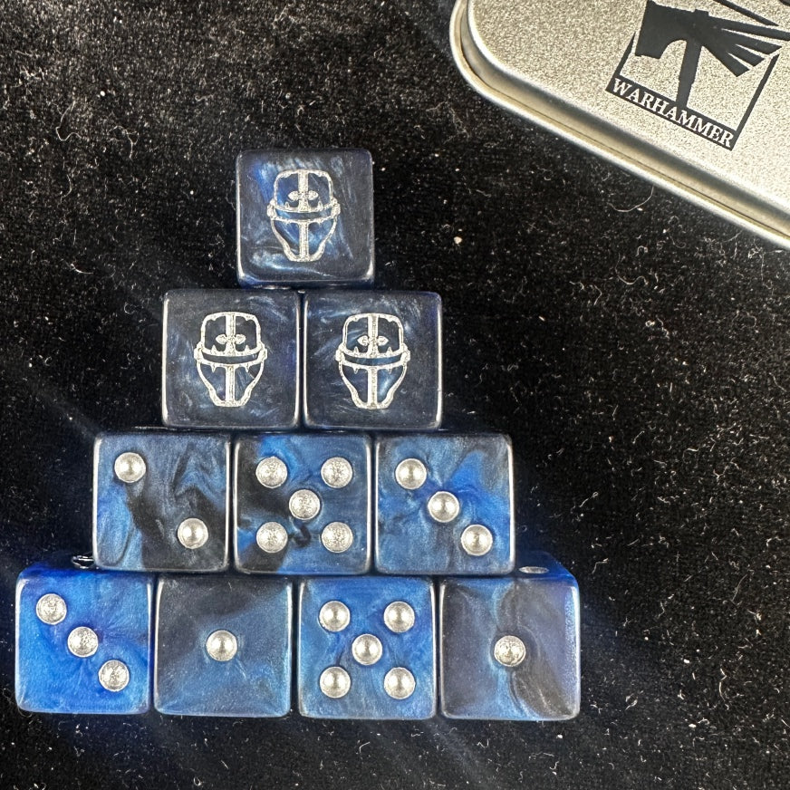 Acrylic RPG Dice Set – Warhammer 40K Imperial Knight Acrylic D6 Dice blue-black marble acrylic spread on table