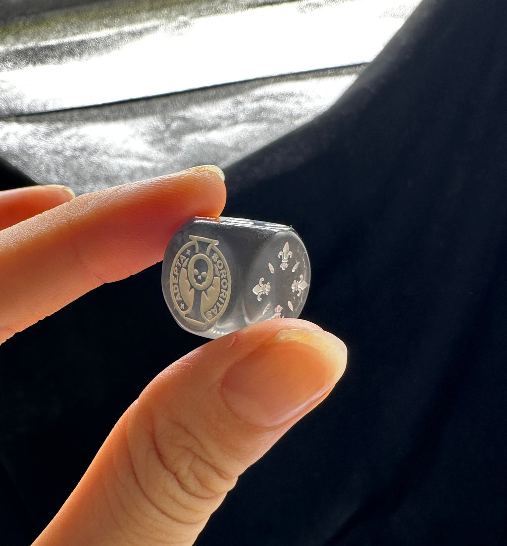 Acrylic D6 Dice – Sisters Battle – Warhammer 40K Sisters of Battle Acrylic D6 Dice — Hand-Held Close-Up Showing