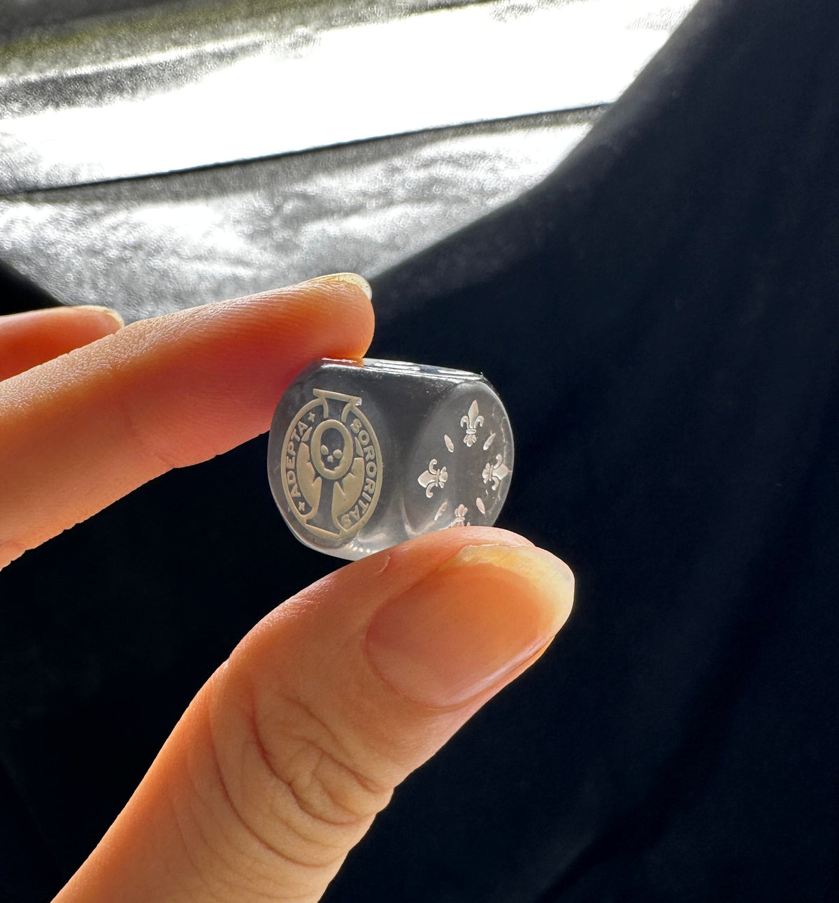 Acrylic D6 Dice – Sisters Battle – Warhammer 40K Sisters of Battle Acrylic D6 Dice — Hand-Held Close-Up Showing