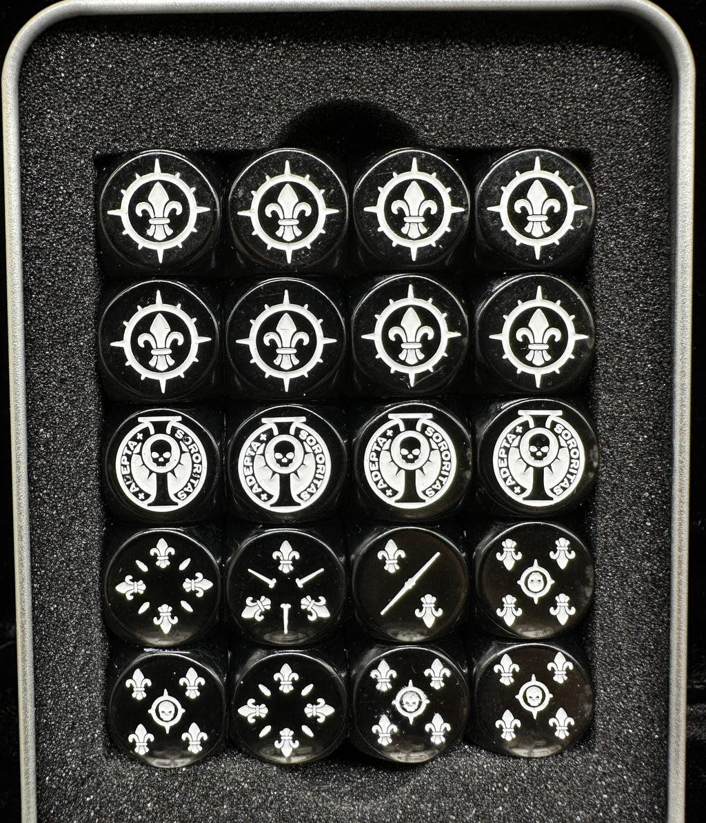 Acrylic D6 Dice – Sisters Battle – Warhammer 40K Sisters of Battle Acrylic D6 Dice Set of 20 — Top View in Metal Tin