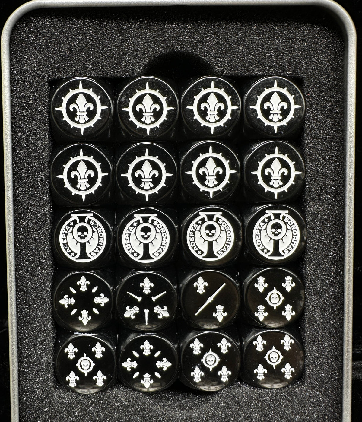 Acrylic D6 Dice – Sisters Battle – Warhammer 40K Sisters of Battle Acrylic D6 Dice Set of 20 — Top View in Metal Tin