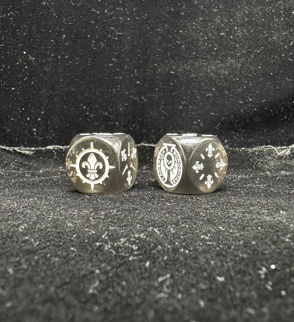 Acrylic D6 Dice – Sisters Battle – Warhammer 40K Sisters of Battle Acrylic D6 Dice — Two Dice Side by Side Close-Up