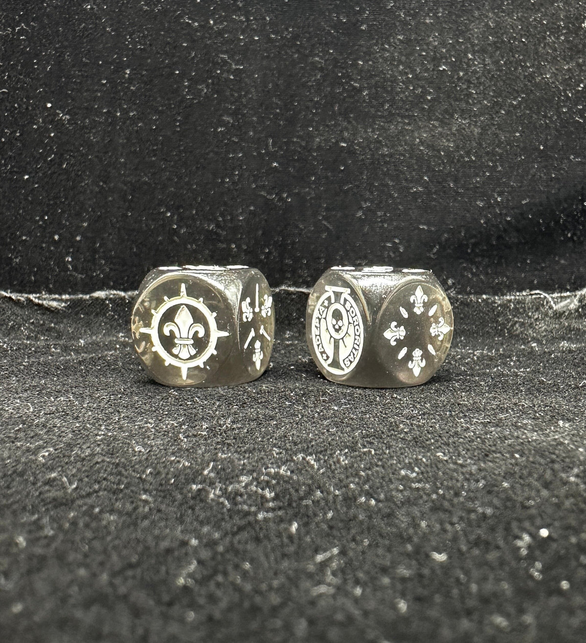 Acrylic D6 Dice – Sisters Battle – Warhammer 40K Sisters of Battle Acrylic D6 Dice — Two Dice Side by Side Close-Up