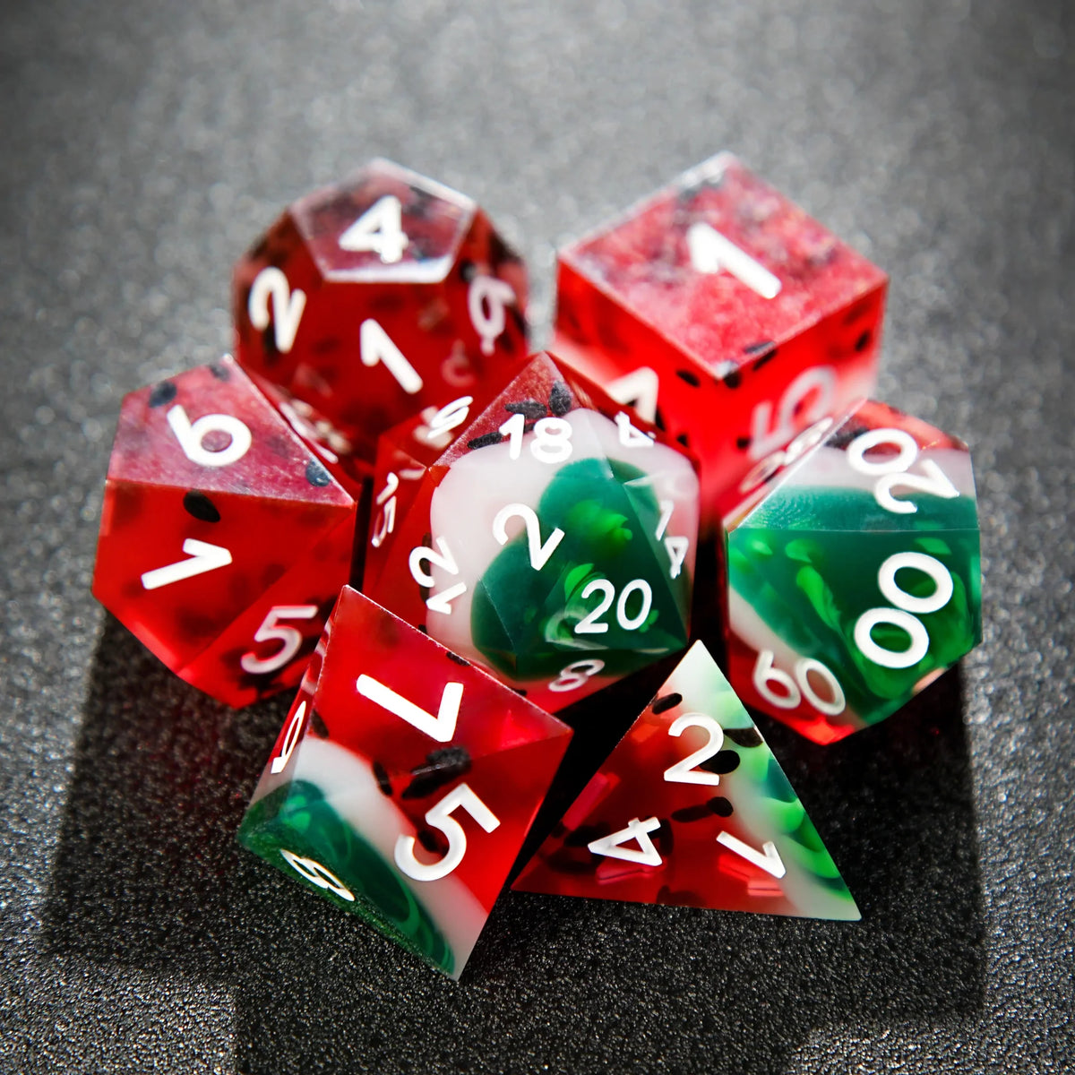 Watermelon Resin DND Dice Set – Beach Party - Watermelon Resin DND Dice Set + White Numbers
