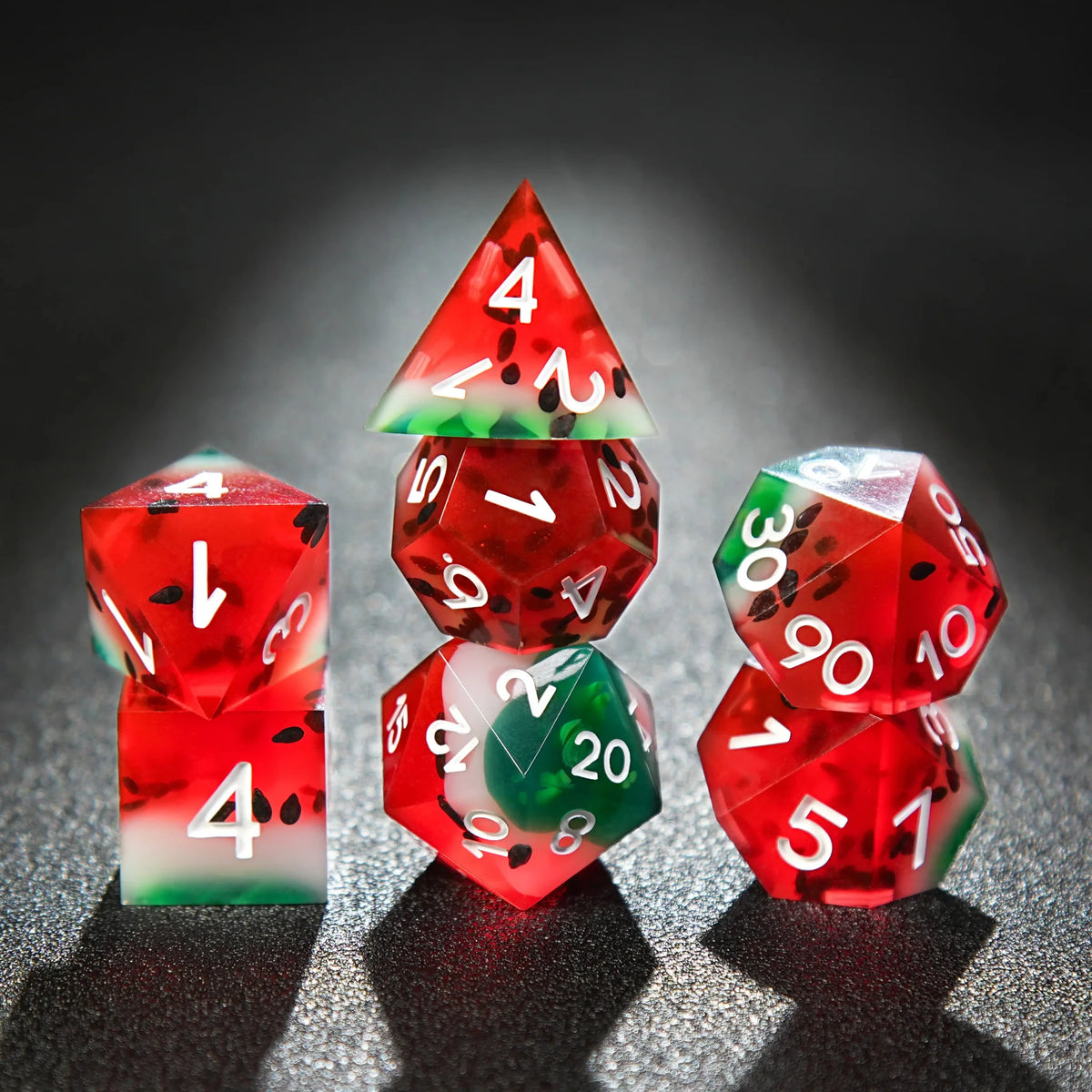 Watermelon Resin DND Dice Set – Beach Party - Watermelon Resin DND Dice Set + White Numbers