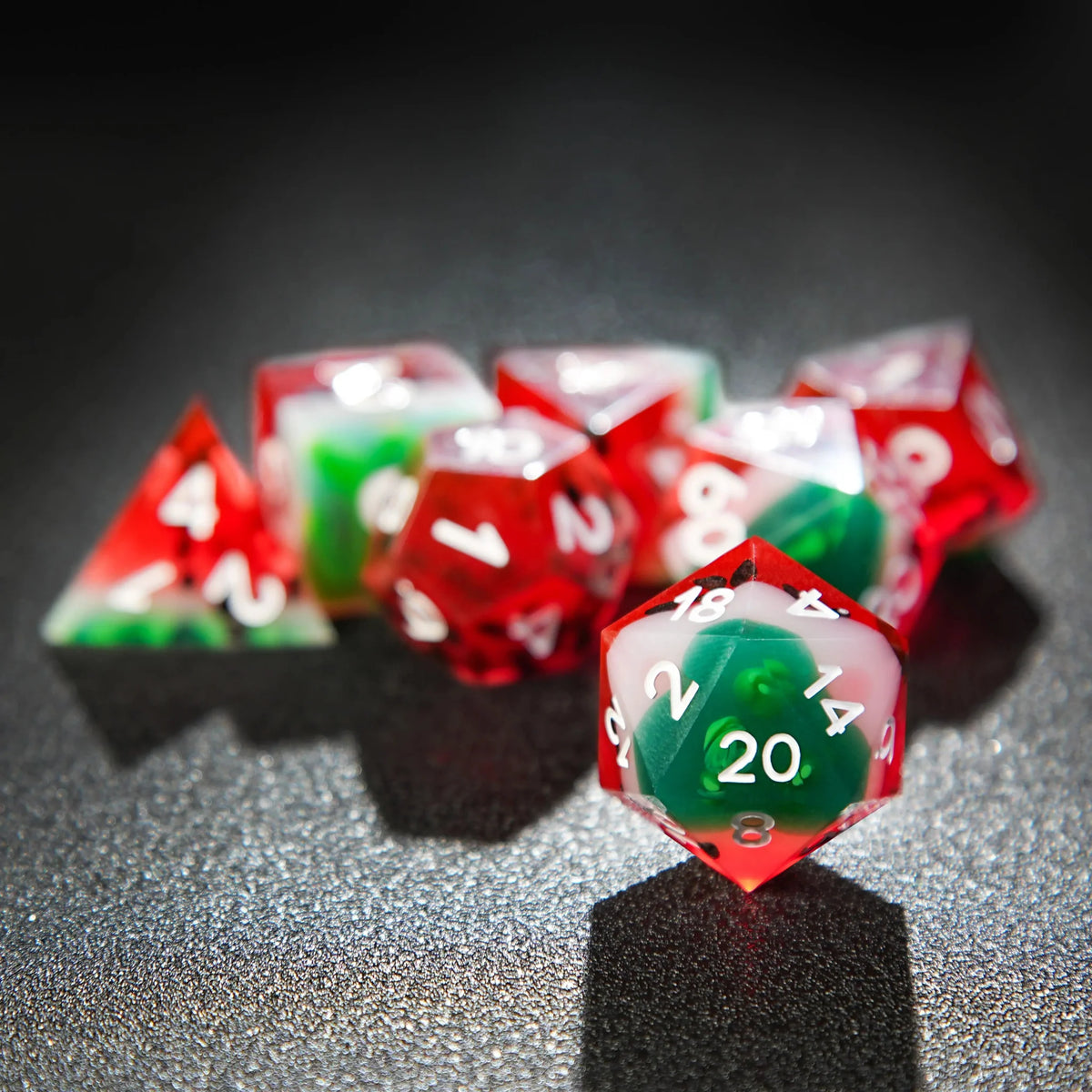 Watermelon Resin DND Dice Set – Beach Party - Watermelon Resin DND Dice Set + White Numbers