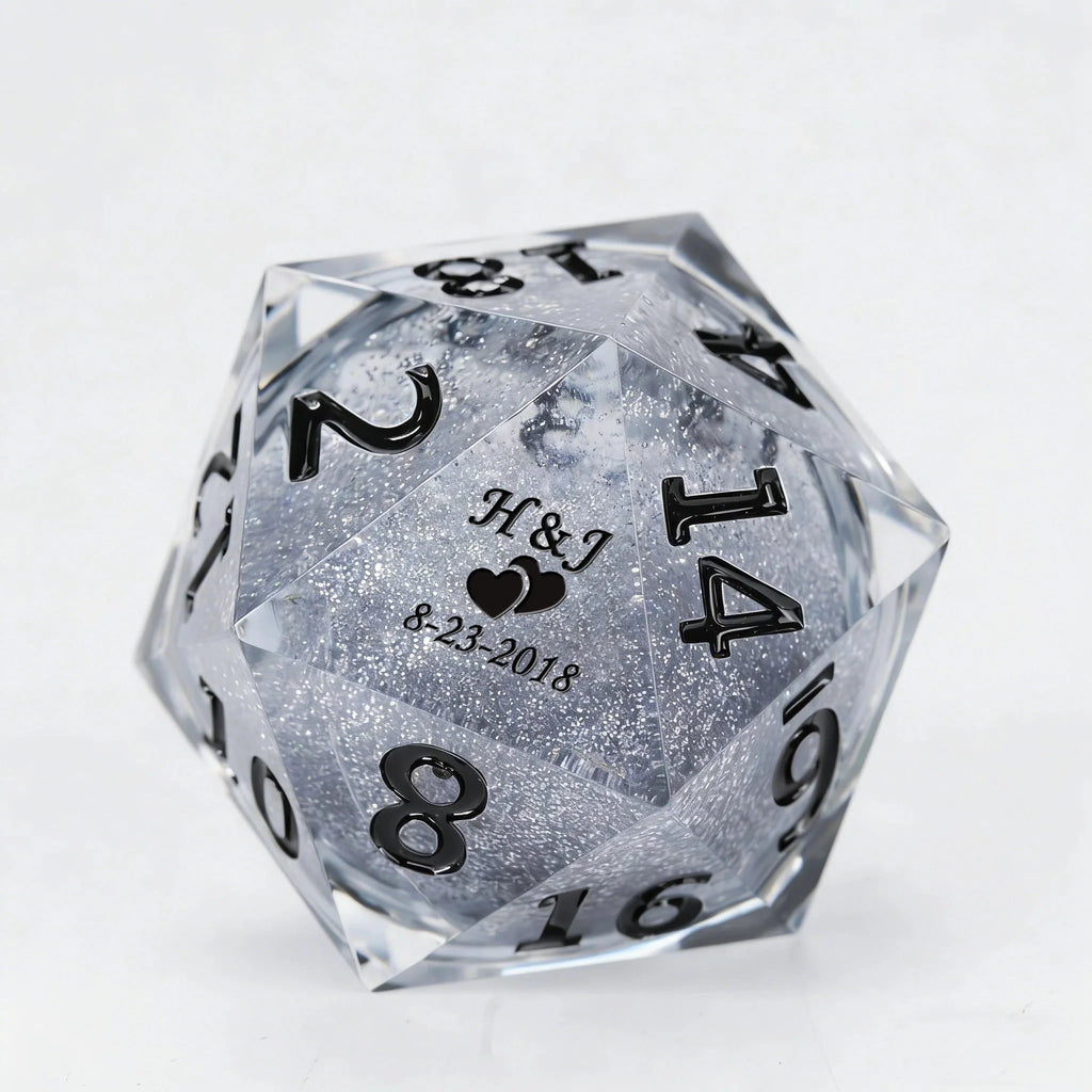 Wedding Liquid Core Dice Set – Custom Giant Dice - Custom giant D20 dice, 35mm personalized silver liquid core D20