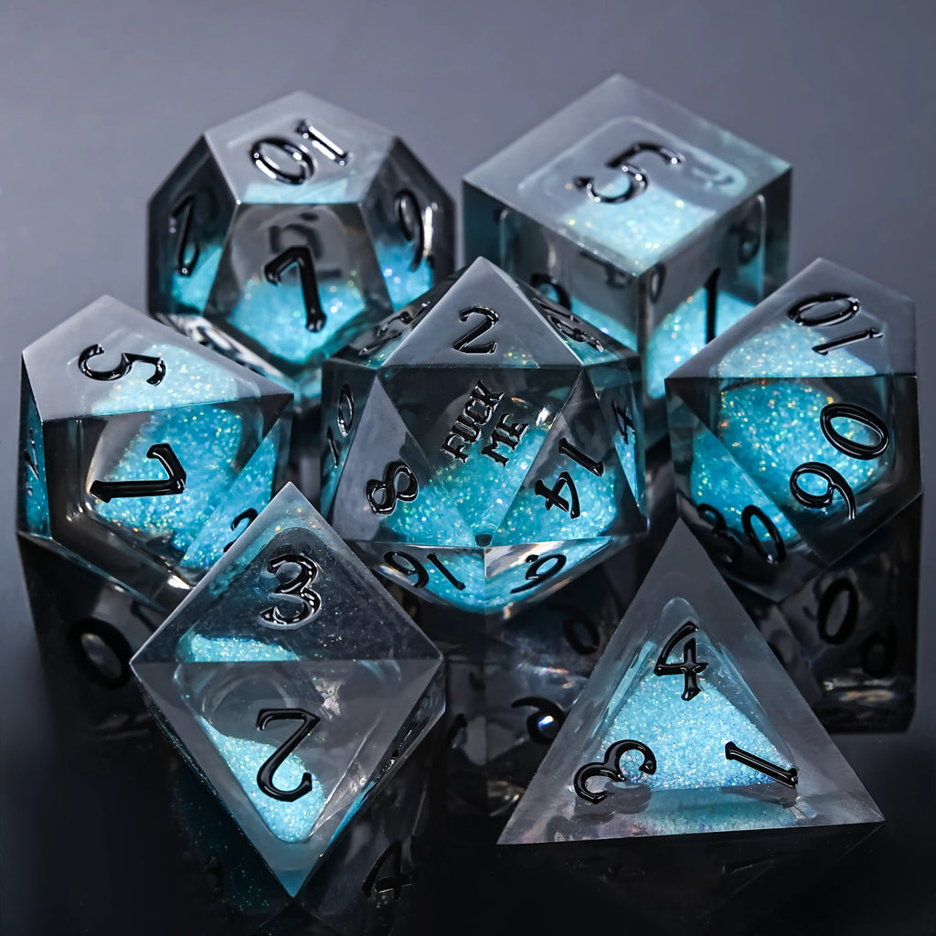Wedding Liquid Core Dice Set – Kickstarter Dice - ME Blue Liquid Core Resin DND Dice Set with Engraved Gold Numbers