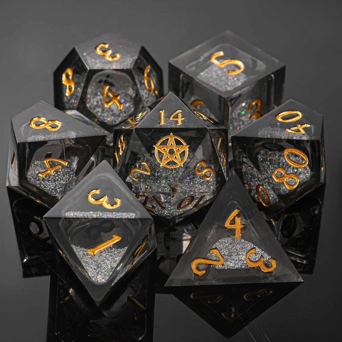 Wedding Liquid Core Dice Set – Silver liquid-core resin DND Taboo Dice Set, featuring a taboo pentagram engraved on the