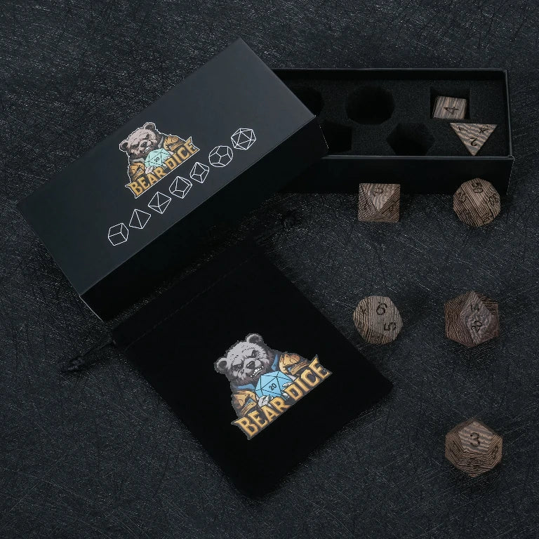 Wenge Acrylic DND Dice Set – Wenge Dice Set, includes a black velvet drawstring dice bag and a black dice box
