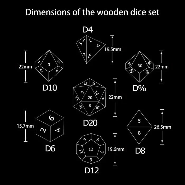 Wenge Acrylic DND Dice Set – DND Wooden Polyhedral Dice Set Dimensions: D20 ≈ 22mm, D6 ≈ 15.7mm, D4 ≈ 19.5mm, D12 ≈