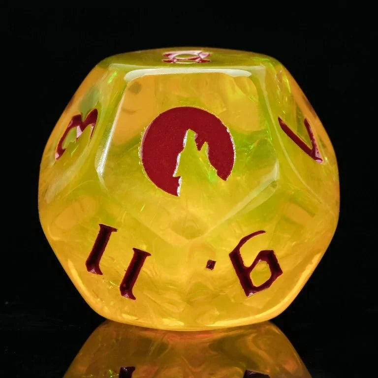 Werewolf Resin RPG Dice Set – Kickstarter Trickster Dice - Kickstarter Yellow Resin DND D12 Dice, Engraved with Blood