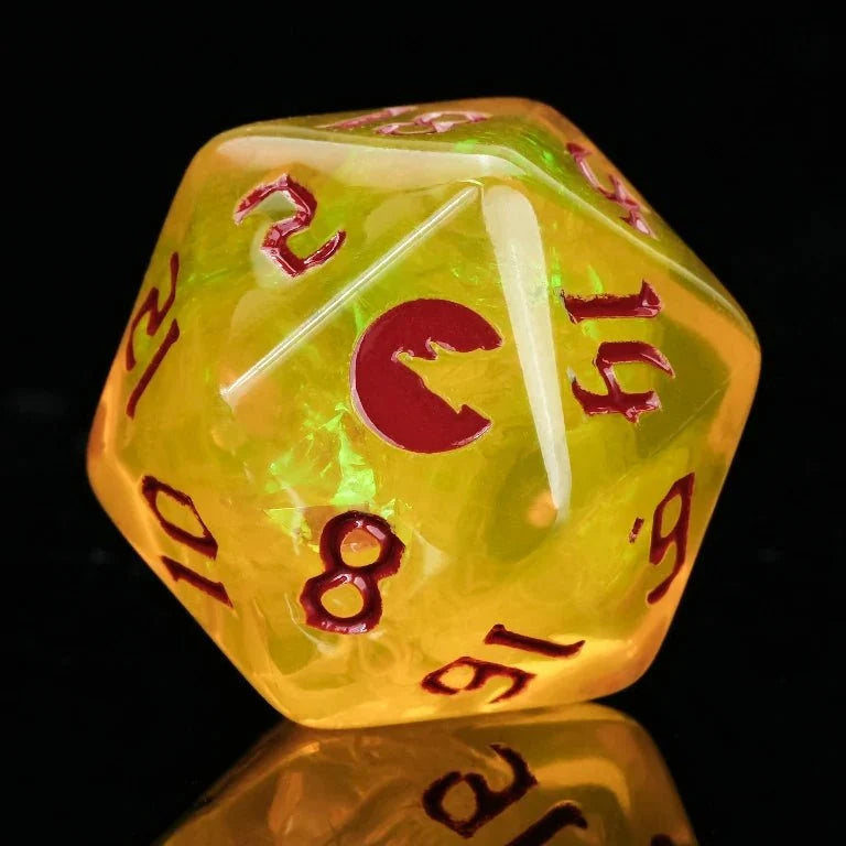Werewolf Resin RPG Dice Set – Kickstarter Trickster Dice - Kickstarter Yellow Resin DND D20 Dice, Engraved with Blood