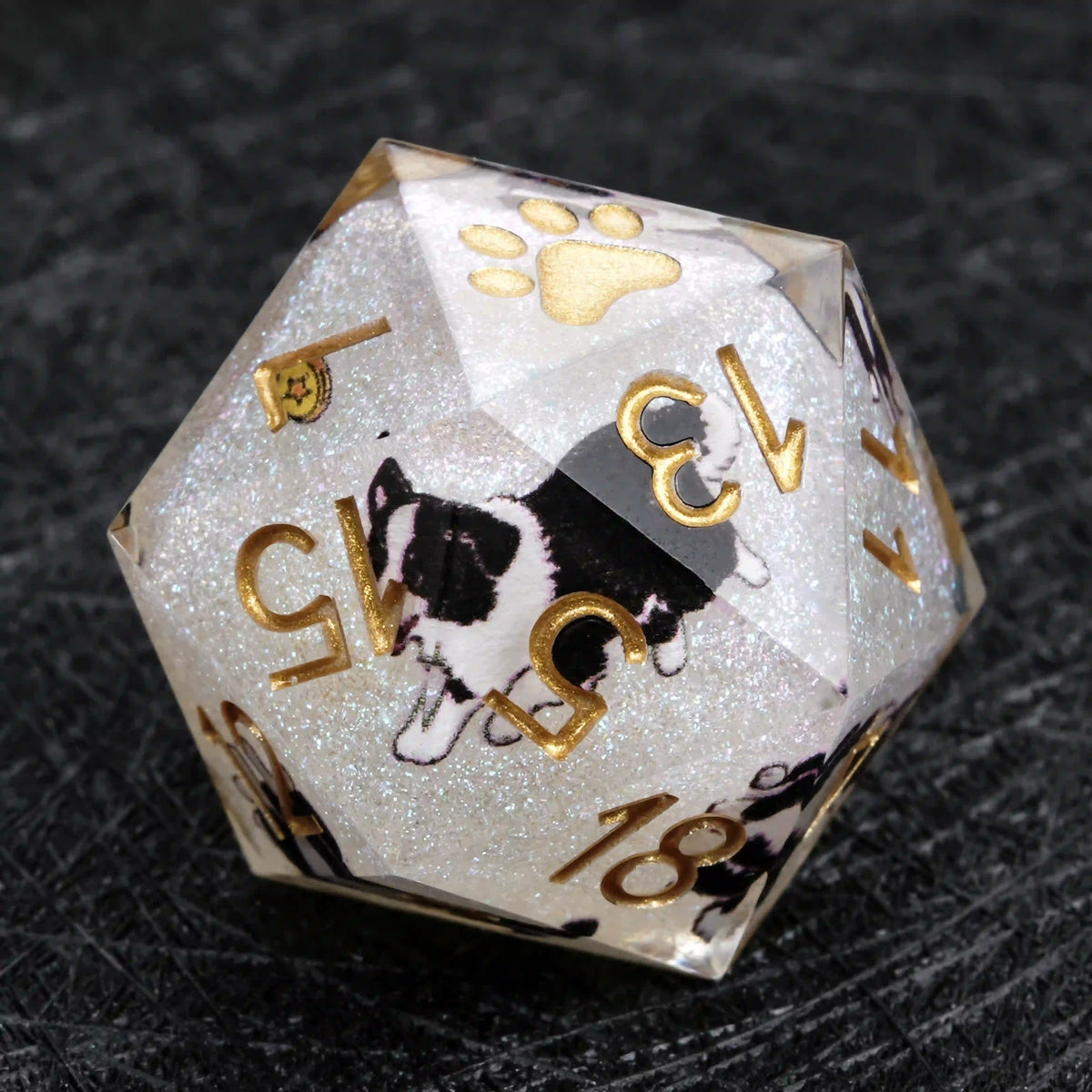 Star Resin DND Dice Set – Border Collie – Kickstarter Dice – White Glitter Resin Border Collie DND D20 Dice with Gold