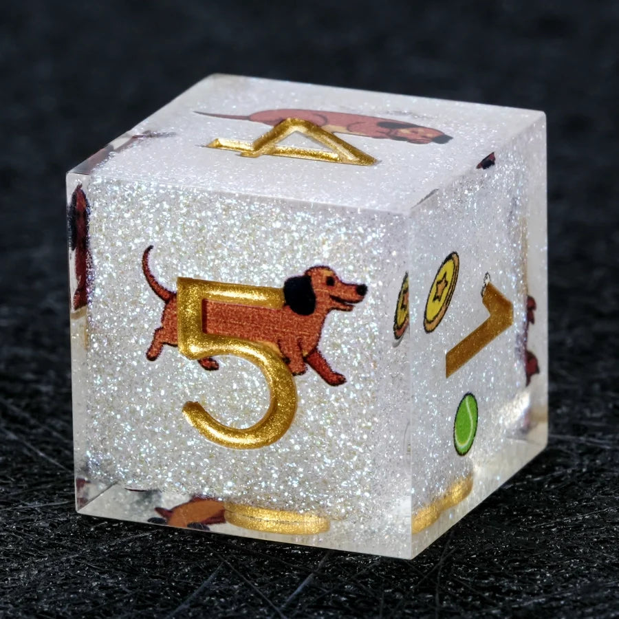 Star Resin DND Dice Set – Legends Dachshund – Kickstarter Dice – Handcrafted Sharp-Edged White Glitter Resin Dachshund