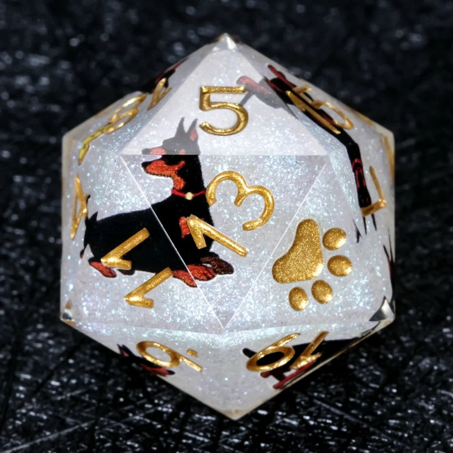 Star Resin DND Dice Set – Dooerman Pnscher – Kickstarter Dice – Handcrafted Sharp-Edged White Glitter Resin Doberman