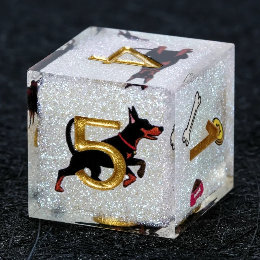 Star Resin DND Dice Set – Dooerman Pnscher – Kickstarter Dice – Handcrafted Sharp-Edged White Glitter Resin Doberman