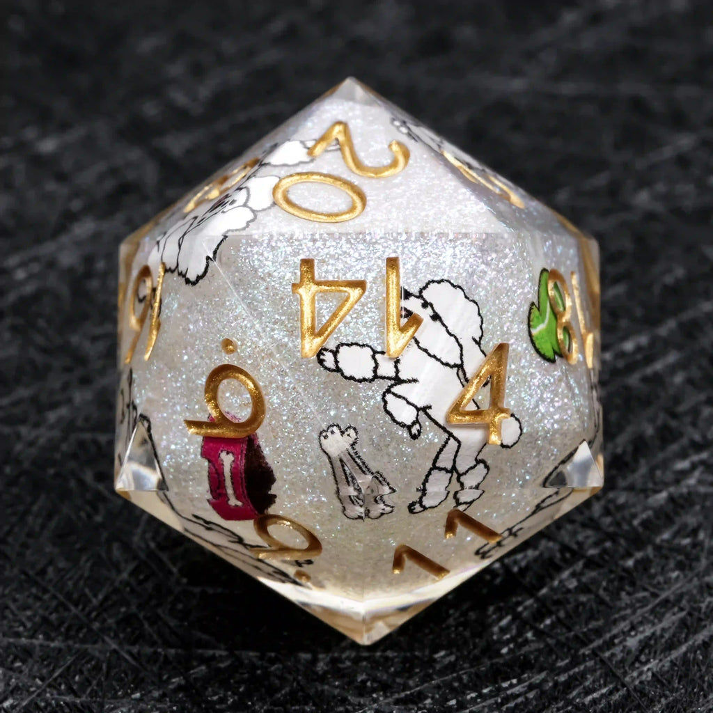 Star Resin DND Dice Set – Legends Poodle – Kickstarter Dice – White Glitter Resin Poodle DND D20 Dice with Gold Numbers