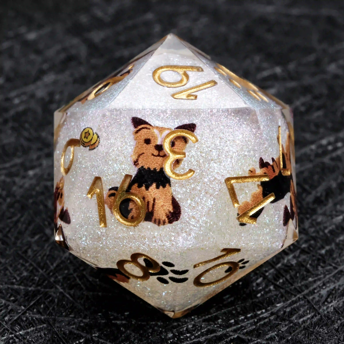 Star Resin DND Dice Set – Legends Yorkie – Kickstarter Dice – White Glitter Resin Yorkshire DND D20 Dice with Gold